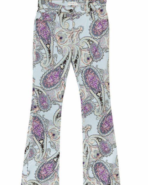 etro hose designer secondhand-1-Photoroom_11zon Secondhand-Designerhose der Marke Etro mit buntem Paisley-Muster in Lila, Schwarz und Pastelltönen. Die Hose hat eine schmale Passform mit leicht ausgestelltem Bein und klassischem Five-Pocket-Design.