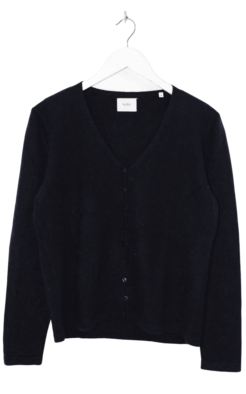 Schwarzer Damen-Cardigan aus weichem Kaschmir von Globus mit V-Ausschnitt und Knopfleiste, Secondhand.