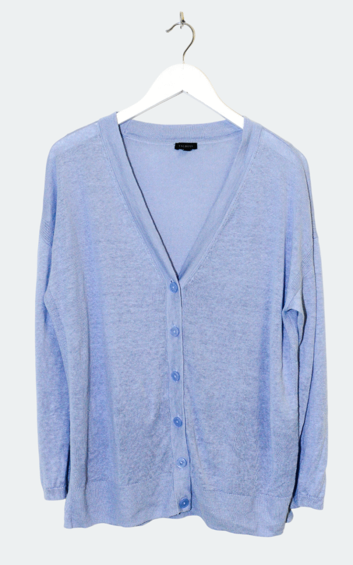 Ein Talbots Cardigan (Größe L) in Hellblau mit langen Ärmeln, V-Ausschnitt und Knöpfen vorne hängt auf einem weißen Kleiderbügel vor einem schlichten hellen Hintergrund.
