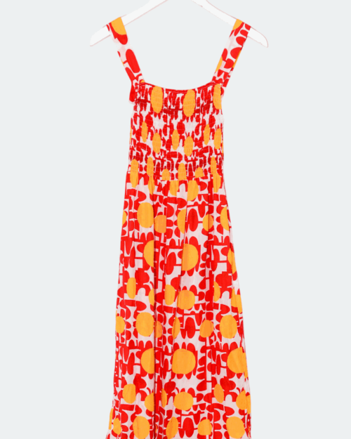 Das Maxikleid von Elise Chalmin Paris in Größe 40 ist ein ärmelloses, knielanges Kleid mit breiten Trägern, einem rot-gelben abstrakten Blumenmuster und einem elastischen, gesmokten Oberteil, das auf einem weißen Kleiderbügel vor hellem Hintergrund abgebildet ist. Das Maxikleid von Elise Chalmin Paris in Größe 40 ist ein ärmelloses, knielanges Kleid mit breiten Trägern, einem rot-gelben abstrakten Blumenmuster und einem elastischen, gesmokten Oberteil, das auf einem weißen Kleiderbügel vor hellem Hintergrund abgebildet ist.